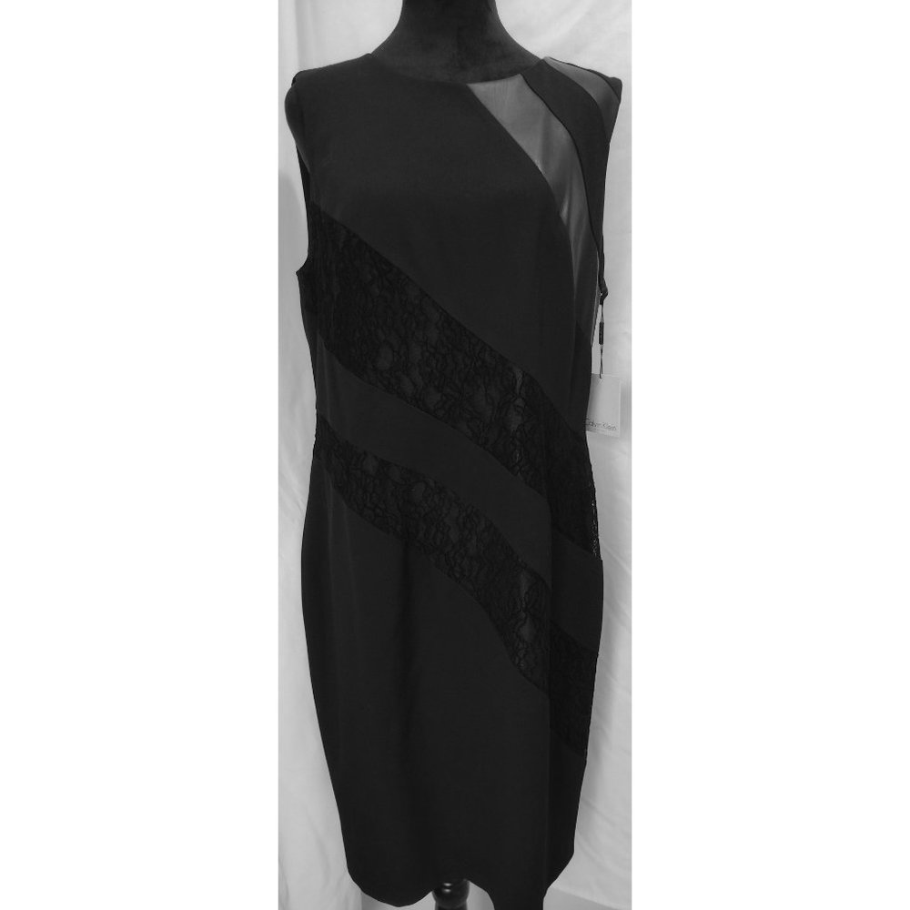 Calvin Klein Black Dress with fake leather and lace, size 14